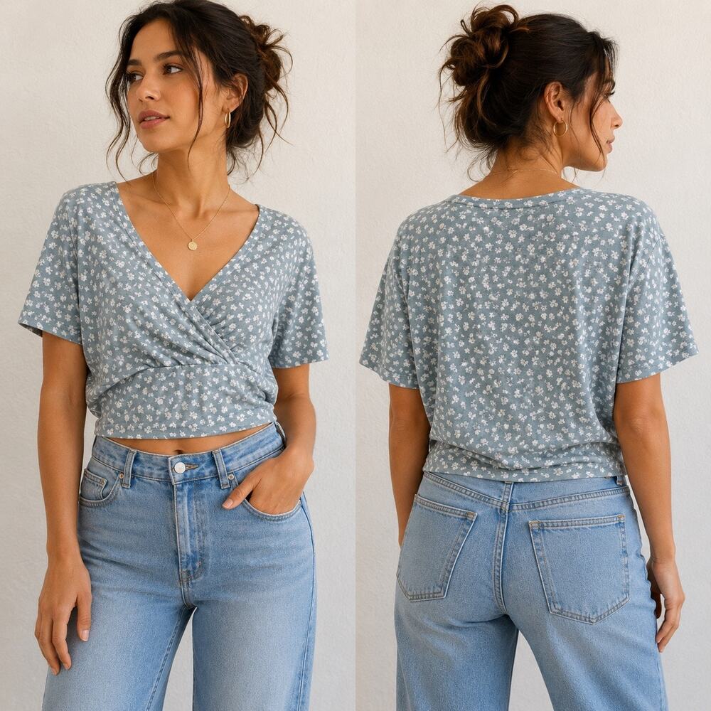 SHEIN Curve 0XL Dusty Blue Ditsy Floral Faux Wrap Crop Top Surplice V-Neck 14